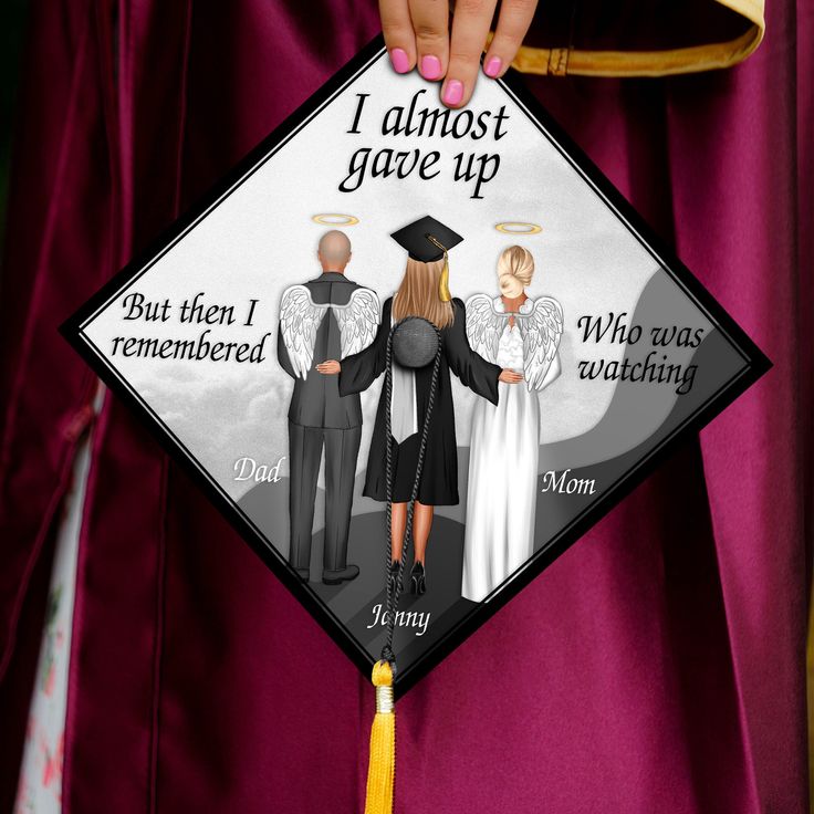 a graduation cap with two women and one man on it that says, i almost gave up