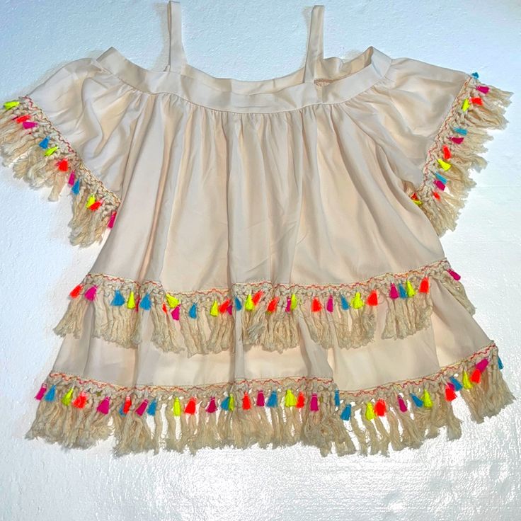 Bnwt 2 Tiers Cream Colored With Bright Tassels Summer Beach Tops With Tassel Ties, Beach Summer Tops With Tassel Ties, Summer Party Tops With Tassels, Spring Beach Tops With Tassels, Beach Tops With Tassels And Short Sleeves, Short Sleeve Beach Top With Tassels, Summer Beach Tops With Tassels, White Summer Top With Tassel Ties, White Summer Tops With Tassel Ties