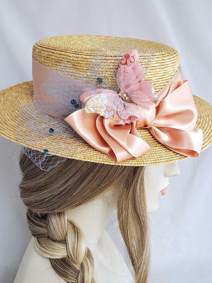 Butterfly Boater, Milan Straw Boater, Champagne Taupe, Vintage French Ribbon and Veil, Straw Hat, Millinery, Edwardian, Wedding Bridal - Etsy Edwardian Wedding, French Ribbon, Straw Boater, Boater Hat, Vintage French, Straw Hat, French Vintage, Panama, Etsy Vintage