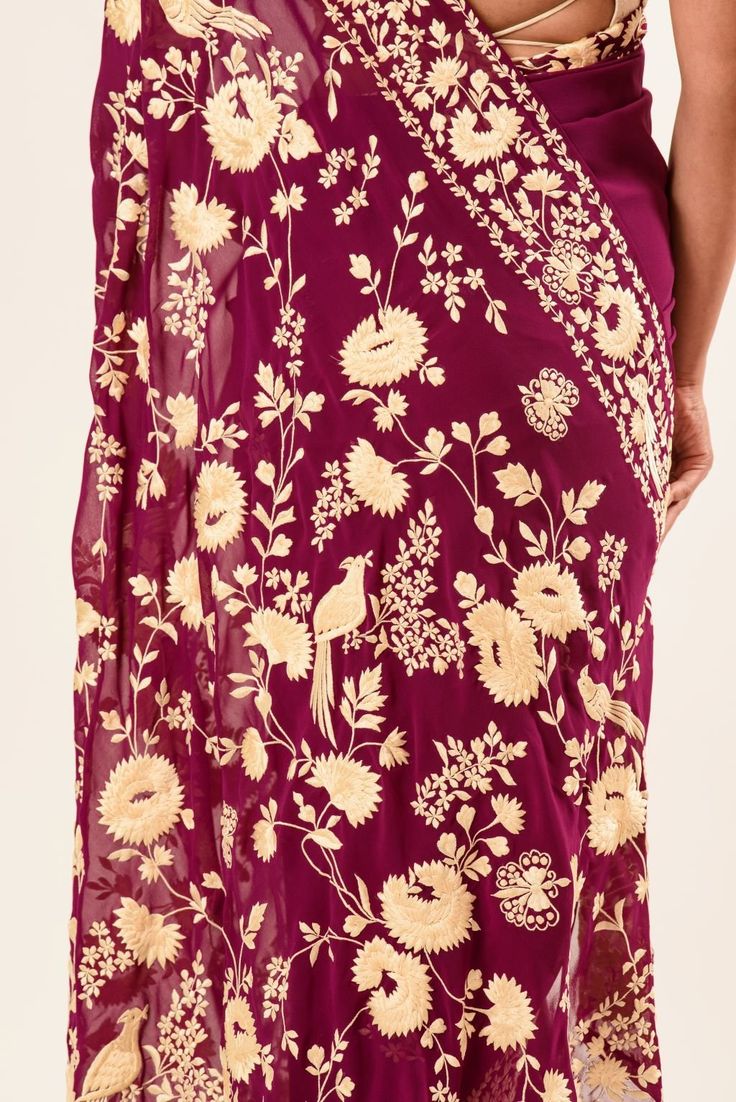 Elevate your ethnic wardrobe with the Maroon Parsi Gara Saree in pure Georgette. Its blend of luxurious fabric, intricate embroidery, and timeless design make it a must-have for any fashion-forward woman. Semi-stitched Pre-draped Saree With Intricate Embroidery, Festive Pre-draped Saree With Floral Embroidery In Art Silk, Transitional Pre-draped Saree With Floral Embroidery, Floral Embroidered Pre-draped Saree For Reception And Festivals, Chanderi Pre-draped Saree With Intricate Embroidery For Reception, Embroidered Chanderi Pre-draped Saree For Reception, Traditional Pre-draped Wedding Saree With Floral Embroidery, Chanderi Pre-draped Saree With Intricate Embroidery, Eid Georgette Pre-draped Saree With Intricate Embroidery