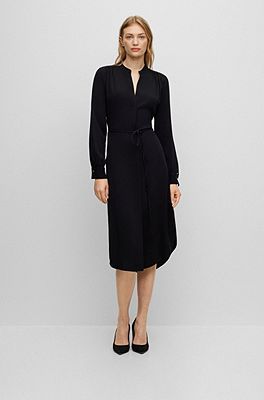 BOSS - Belted dress with collarless V neckline and button cuffs Black Business Dress, Hugo Boss Dress, Boss Dress, Good Boss, Black Business, Black Dresses Casual, Business Dresses, V Neckline, Dress Cuts