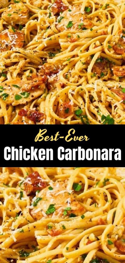 the best ever chicken carbonara recipe is shown in this collage with pasta and parmesan cheese