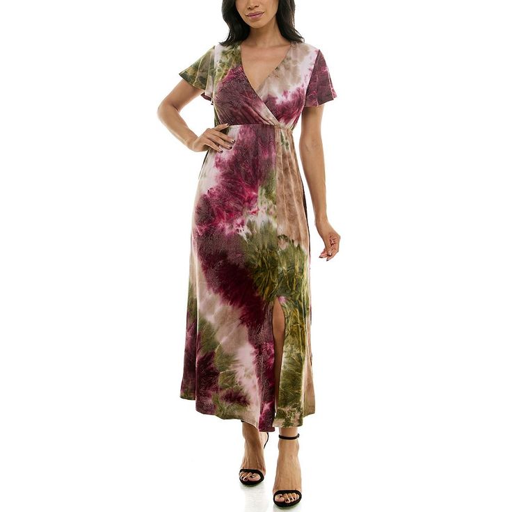 Step into a fresh style with this gorgeous Women's Nina Leonard Tie Dye Print Flutter Sleeve V-Neck Maxi Dress.Click on this WOMEN'S GUIDE to find the perfect fit and more! Step into a fresh style with this gorgeous Women's Nina Leonard Tie Dye Print Flutter Sleeve V-Neck Maxi Dress.Click on this WOMEN'S GUIDE to find the perfect fit and more! FEATURES V-neck Short flutter sleeves Elastic waist Pullover styling Unlined Straight hemFIT & SIZING Wrap silhouette 53-in. length from shoulder to hem M Casual Maxi Dress With Surplice Neckline For Fall, Multicolor Casual Maxi Dress With Surplice Neckline, Casual Multicolor Maxi Dress With Surplice Neckline, Fitted Burgundy Maxi Dress For Summer, Purple V-neck Maxi Dress For Fall, Burgundy V-neck Maxi Dress, Chic Burgundy V-neck Maxi Dress, Purple V-neck Maxi Dress For Brunch, Tie Dye Print