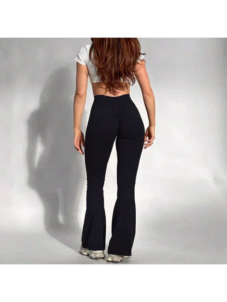 Women's High Waist Flare Leggings Yoga Pants, High Stretch Bell Bottom Yoga Pants For Running Yoga Riding Black    Polyester Plain Flare Leg High Stretch  Women Activewear, size features are:Bust: ,Length: ,Sleeve Length: High Stretch Casual Leggings, Tight Mid-rise Yoga Pants, High Waist Stretch Leggings Trendy Style, Trendy High Waist Stretch Leggings, Tight Casual Workout Bottoms, Casual Tight Workout Bottoms, Casual Tight Bottoms For Workout, Casual Form-fitting Bottoms For Workout, Trendy Stretch High-waisted Leggings