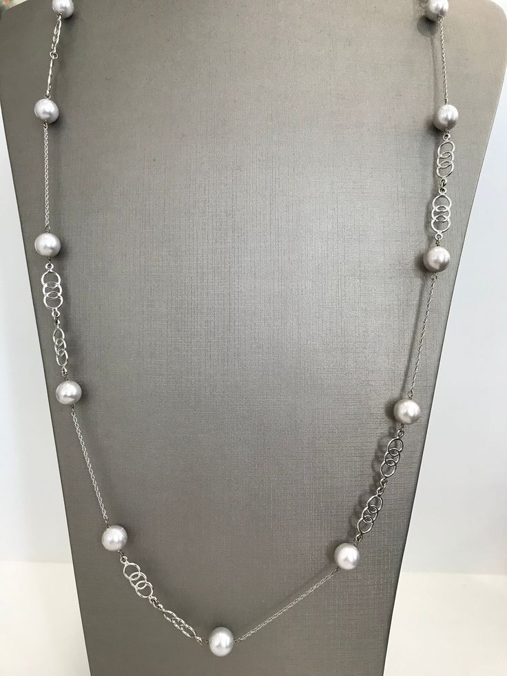 14 Karat White Gold Grey Culture Pearl Long Necklace For Her 30 inch chain length 26.1 grams Real Genuine Cultured Grey Pearls Elegant Necklaces With Silver Chain, Elegant Necklace With Silver Chain, Elegant Long Silver Chain Necklace, Elegant Silver Chain Necklace, Elegant Long Silver Necklace, Elegant Silver Long Chain Necklace, Elegant Silver Chain Necklace With Adjustable Chain, Classic White Gold Metal Necklaces, Classic White Gold Metal Necklace