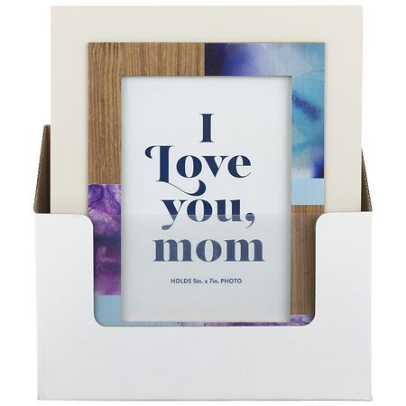 an i love you mom photo frame in a white box with blue and purple designs