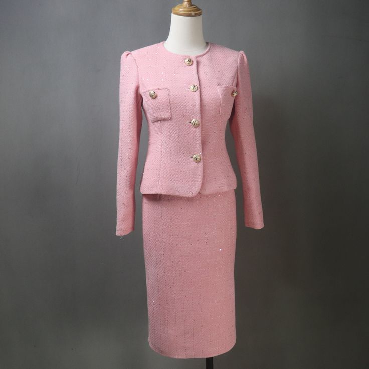 Elevate your wardrobe with this custom Pink Tweed Midi Skirt Suit with Sequins, tailored specifically for your next special occasion! Whether you're attending a wedding as a guest, gearing up for a formal event, delivering a speech, celebrating graduation, hosting a tea party, or stepping out for an evening affair, this bespoke suit is designed to make you shine. Handcrafted with meticulous attention to detail, this midi skirt suit features premium tweed fabric in a delightful shade of pink, exu Formal Tweed Fitted Skirt Suit, Long Sleeve Tweed Skirt Suit For Formal Occasions, Formal Long Sleeve Tweed Skirt Suit, Pink Fitted Tweed Dress For Parties, Fitted Pink Tweed Dress For Party, Elegant Fitted Tweed Dress For Wedding, Fitted Tweed Wedding Suit, Fitted Tweed Suits For Wedding, Pink Elegant Tweed Party Dress