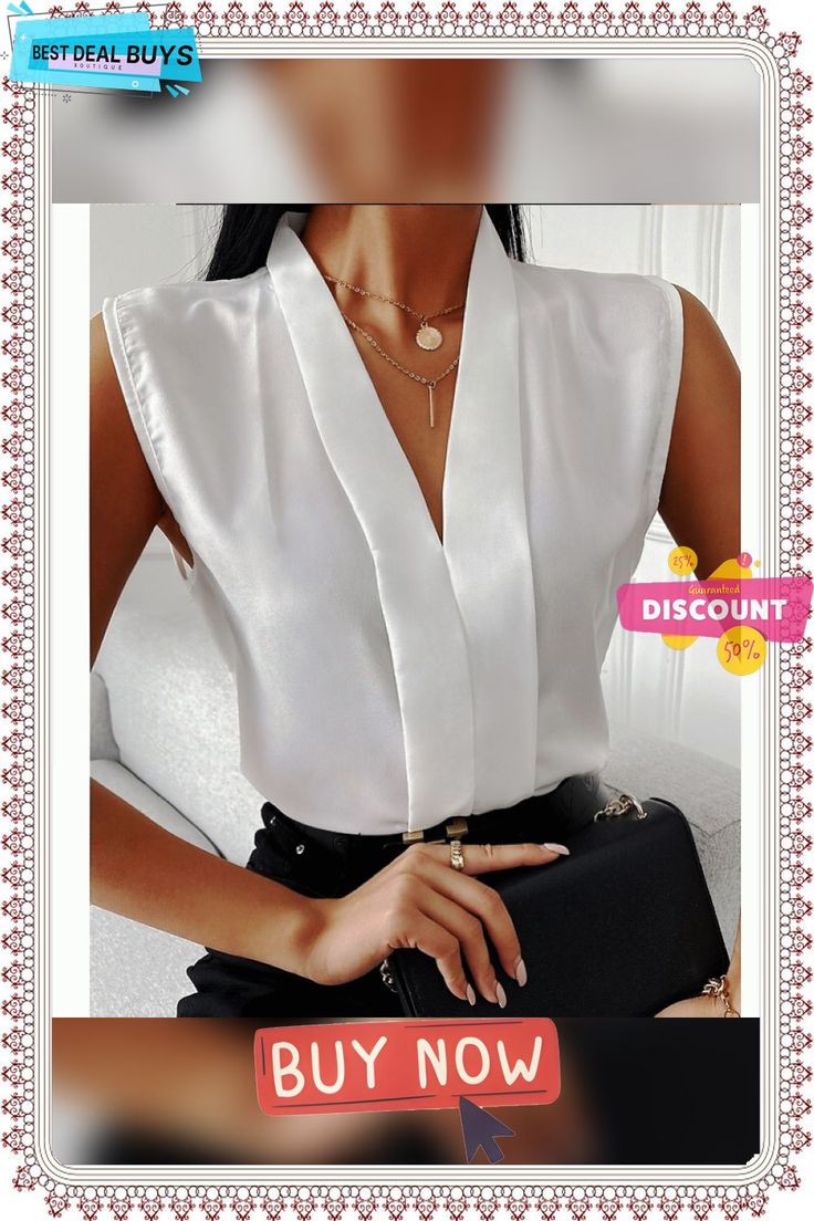 Sleeveless V-neck Plain Casual Top Elegant V-neck Summer Tops, Elegant Sleeveless V-neck Top For Work, Chic Solid Color V-neck Top For Summer, Elegant V-neck Vest Top, Elegant V-neck Top For Summer Party, Elegant Summer V-neck Top For Party, Elegant V-neck Solid Color Vest, Elegant V-neck Tank Top For Summer, V-neck Tank Top For Office In Summer