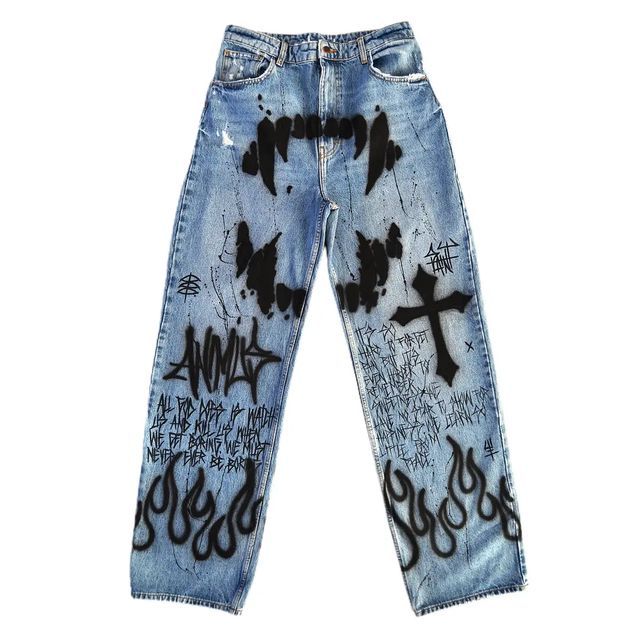 𝕻𝖚𝖓𝖐 𝕬𝖓𝖉 𝕾𝖆𝖎𝖓𝖙 shared a post on Instagram: "❌SOLD❌ Custom Pants - L". Follow their account to see 461 posts. Chainmail Clothing, Graffiti Clothing, Custom Jeans Diy, Bleaching Clothes, Denim Diy Clothes, Custom Pants, Diy Pants, Painted Clothes Diy, Bleached Jeans