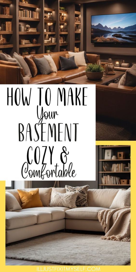 how to make your basement cozy and comfortable for the family room or den with built - in bookshelves