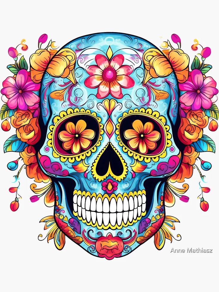 a colorful skull with flowers on it's head