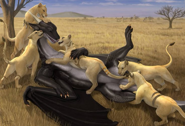 an artist's rendering of lions playing with a woman in a black leather dress