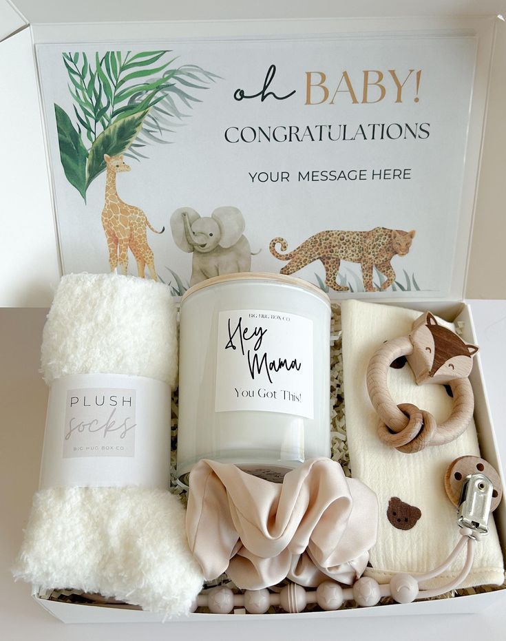 a baby shower gift box with personal items