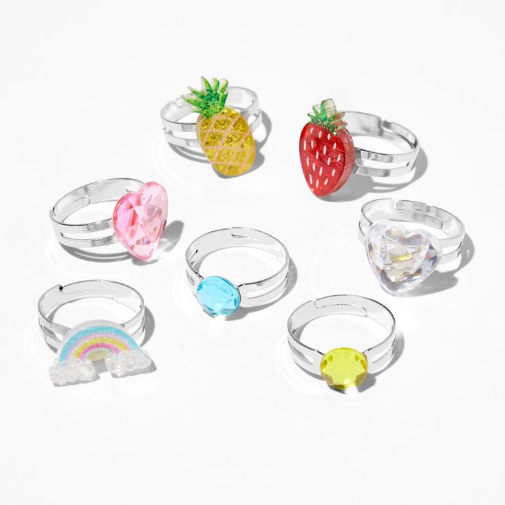 Claire's Club Pineapple Fruit Silver Rings - 7 Pack Kawaii Ring, Emo Accessories, Strawberry Heart, Lip Gloss Homemade, Valentine Baskets, Sun Aesthetic, Piercing Kit, Barbie Doll Accessories, Bunny Bunny