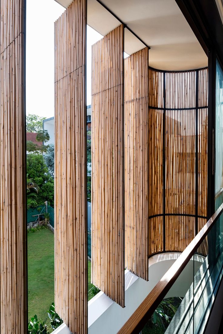 the inside of a house with wooden slats