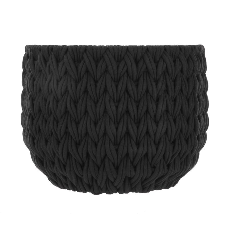 a black knitted basket on a white background