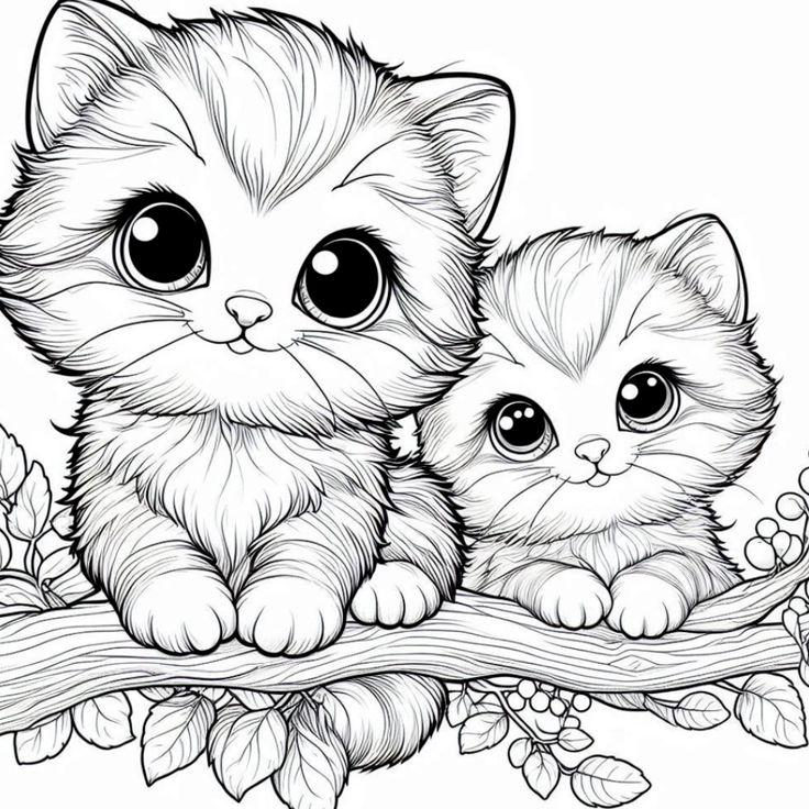 two kittens sitting on top of a tree branch with leaves and flowers around them