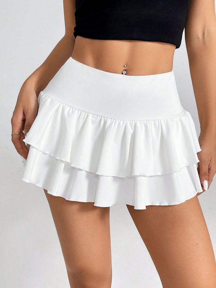 Women's Double Layer Ruffle Hem A-Line Skirt White Casual   Polyester Plain Layered/Tiered High Stretch  Women Clothing, size features are:Bust: ,Length: ,Sleeve Length: Ruffle Layered Skirt, White Ruffled Skirt, White Ruffle Mini Skirt, White Flowy Skirt, White Ruffle Skirt, Skirts Flowy, Short Pollera, Cheap Skirts, Ruffle Mini Skirt