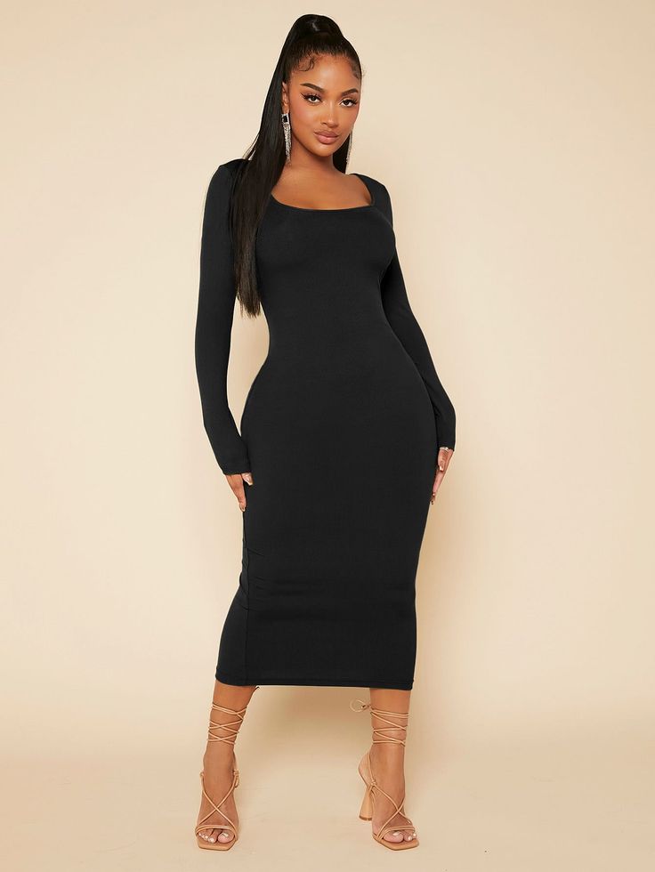 Solid Scoop Neck Bodycon Dress Black Elegant  Long Sleeve Knitted Fabric Plain Bodycon Slight Stretch Winter Women Clothing, size features are:Bust: ,Length: ,Sleeve Length: Simple Long Dress, Maxi Bodycon Dress, Split Hem Dress, Neck Bodycon Dress, Solid Color Dress, Women's Shapewear, Black Bodycon Dress, Women Long Dresses, Long Sleeve Midi