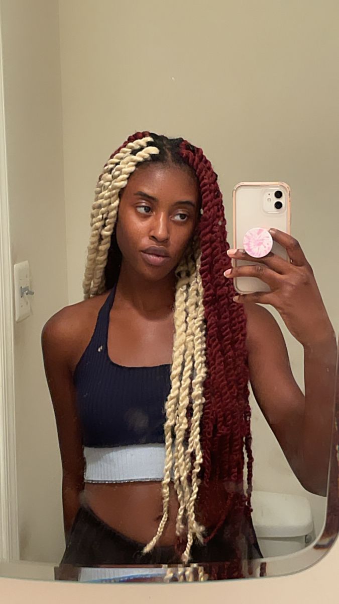 Blonde and burgundy marley twist braids Burgundy And Blonde Braids, Blonde And Burgundy Hair, Red And Blonde Braids, Blonde And Red Hair, Cornrows Natural, New Braided Hairstyles, Cornrows Natural Hair, Marley Twist, Maroon Hair