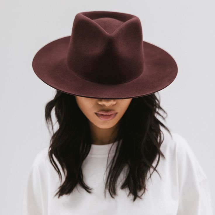 Gigi Pip felt hats for women - Zephyr Rancher - fedora teardrop crown with a stiff upturned brim [dark cherry] Rodeo Attire, Short Brim Hat, Wide Brim Felt Hat, Gigi Pip, Classy Hats, Floppy Hats, Felt Hats, Rancher Hat, Wide Brim Fedora