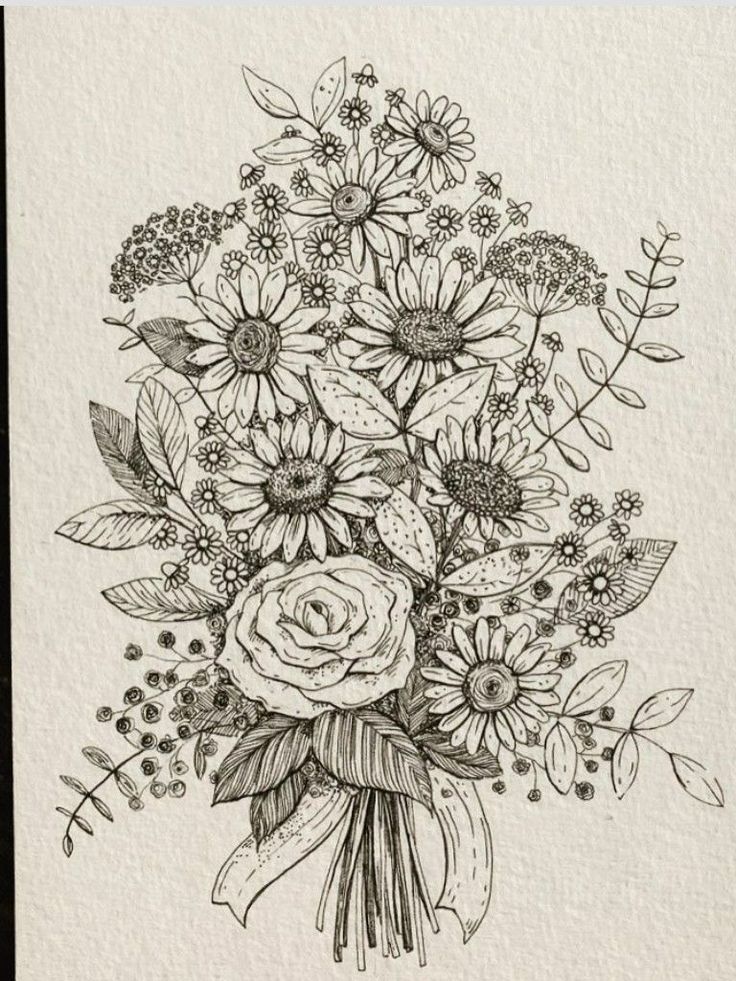 a bouquet of flowers is drawn on paper