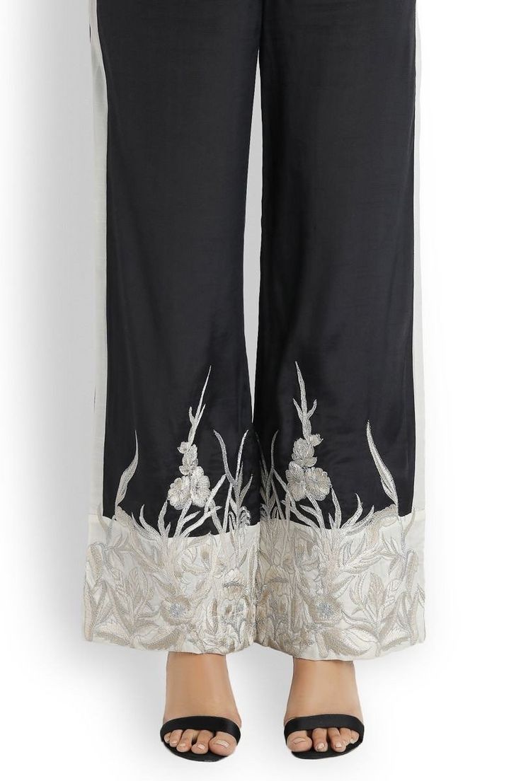 Ready to wear Branded Sana Safinaz silk embroidered pants. color black Size Small Elegant Festive Pants With Floral Embroidery, Elegant Floral Embroidered Pants For Festive Occasions, Elegant Floral Embroidered Festive Pants, Elegant Pants With Intricate Embroidery For Festive Occasions, Elegant Black Pants Set, Elegant Black Long Pants Set, Elegant Silk Bottoms For Festive Season, Black Straight Pants Set For Spring, Black Spring Sets With Straight Pants