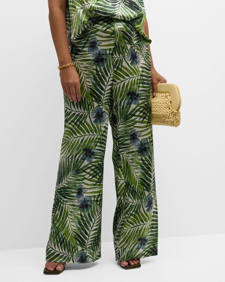 Fresh from the tropics, we've rendered the best selling Sofia pant in a lush palm print. Sophisticated and special, we're seeing these pants with everything from the palm print Gia Silk Top to a tank top and flip flops. Product Information: Stretch silk charmeuse—95% silk, 5% lycra. Flat waistband with invisible back zip. Dry clean and refresh with steam. Model wearing Royal, Leaf Green and Midnight is 5’7” and wearing size 14. Model wearing Bloom is 6'0" wearing size 14. Wide-leg Tropical Print Pants For Vacation, Wide Leg Tropical Print Bottoms For The Beach, Summer Tropical Print Long Pants, Tropical Printed Vacation Pants, Wide Leg Pants With Tropical Print For Vacation, Tropical Wide Leg Bottoms For Vacation, Wide Leg Tropical Print Pants For Vacation, Tropical Printed Pants For Vacation, Tropical Style Printed Vacation Pants