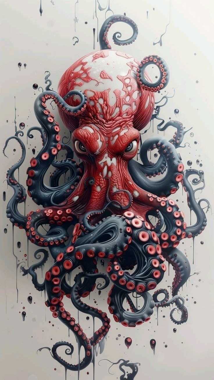 an octopus with red and black tentacles on it's head, surrounded by water droplets