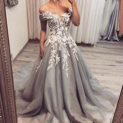 Silver Grey Wedding Dresses Off the Shoulder Lace Appliques Tulle Wedding Gowns | eBay Gray Wedding Gown With Sweep Train, Tafta Dress, Chic Prom Dresses, Grey Wedding Dress, Chic Evening Dress, Grey Prom Dress, Gorgeous Prom Dresses, Tulle Evening Dress, Chique Outfits