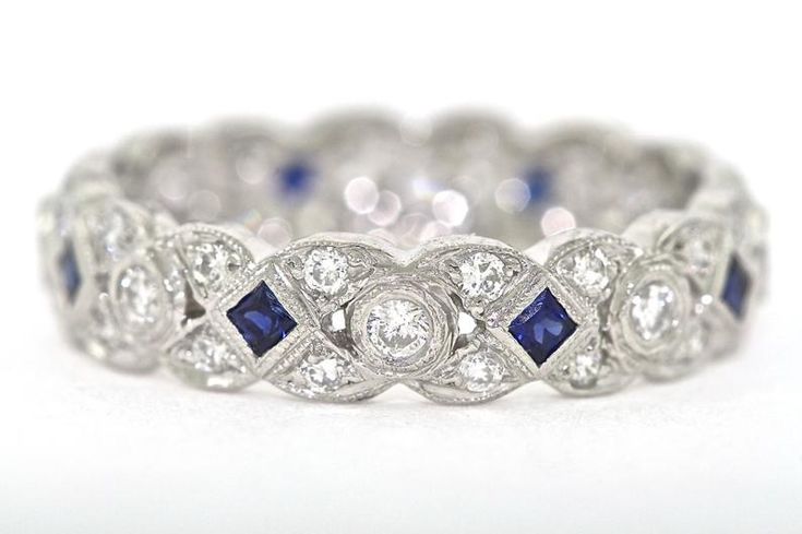 Platinum and Diamond Blue Sapphire Art Deco Design Wedding | Etsy Art Deco Wedding Rings With Intricate Design, Vintage Hand-set Rings For Wedding, Art Deco Multi-stone Wedding Jewelry, Quince Rings, Wedding Band Sapphire, Anniversary Bands For Her, Western Wedding Rings, Sapphire And Diamond Band, Sapphire And Diamond Earrings