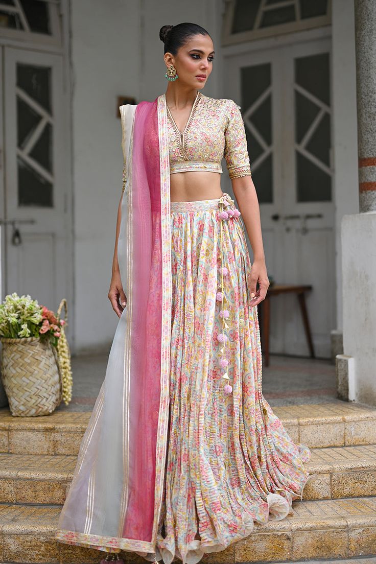 Hareem – Sania Maskatiya International Bohemian Organza Lehenga For Festive Occasions, Bohemian Organza Sets For Festivals, Festive Bohemian Organza Sets, Bohemian Cotton Silk Choli For Festivals, Unstitched Cotton Silk Choli For Festivals, Navratri Anarkali Style Cotton Silk Lehenga, Cotton Silk Lehenga With Gota Work, Bohemian Lehenga With Gota Work In Traditional Drape, Bohemian Lehenga With Gota Work