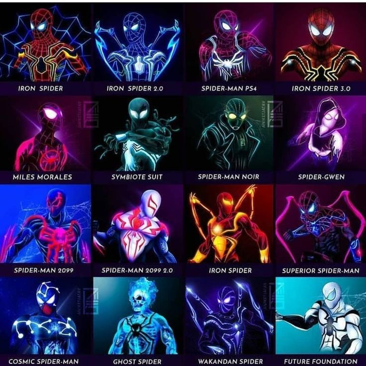 an image of the different types of spider - man suits in various colors and sizes