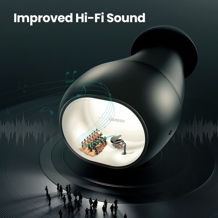 an advertisement for the new hi - fi sound system, with people standing around it