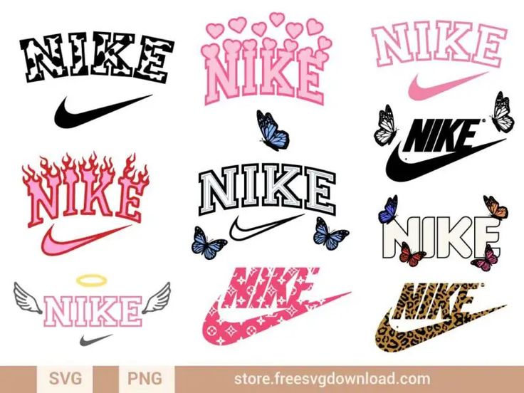 some different types of nike stickers on a white background with pink and black lettering