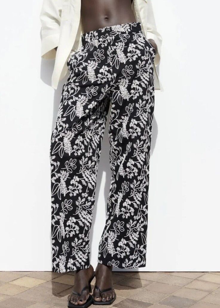 ZARA Women’s Embroidered Straight Fit Crop Pants Trousers Size M. Printed Ankle-length Wide Leg Pants For Spring, Trendy Embroidered Straight Leg Pants, Trendy Straight Leg Pants With Floral Embroidery, Spring Wide Leg Printed Pants, Trendy Wide Leg Bottoms With Floral Embroidery, Trendy Floral Embroidered Wide Leg Bottoms, Embroidered Non-stretch Wide Leg Bottoms, Spring Floral Embroidered Pants, Relaxed Fit Floral Print Pants For Fall