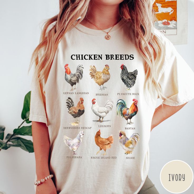 Chicken Comfort Colors® Tshirt, Chicken Breeds Shirt, Chicken Lover Shirt, Funny Retro Chicken Shirt, Farm Animal Tshirt, Chicken Girl Tee 🧵 HOW TO ORDER   - Pick your size and color from the drop down menus  - Review the sizing and color options in the listing photos  - Add the item to your cart and complete the checkout process  - We'll start working on your order right away! 🧵SIZING  - Please review the listing photos to see the size charts  - These photos will also show you how to order a regular/relaxed fit or an oversized fit 🧵PRODUCT DETAILS  - Comfort Colors 1717 garment-dyed t-shirt - made 100% with ring-spun cotton. The soft-washed, garment-dyed fabric brings extra coziness to your wardrobe while the relaxed fit makes it an excellent daily choice. The double-needle stitching t Chicken Clothes, Chicken Shirt, Chicken Shirts, Comfort Colors Tshirt, Chicken Breeds, Chicken Lovers, Animal Tshirt, Girls Tees, Farm Animal