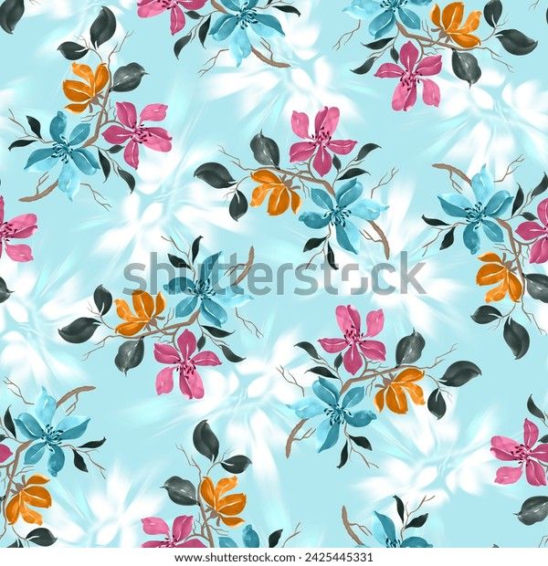 an abstract floral pattern in blue, pink and orange colors on a light blue background