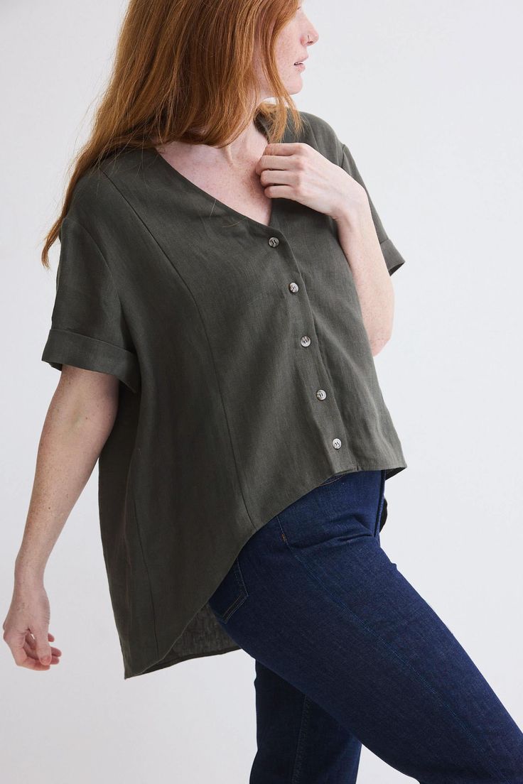 This top is a spring/summer staple exuding effortless charm and versatility with its breathable fabric and casual button-up design. High low silhouette V-neck with button down closure Short sleeves Oversized fit Summer Staples, Linen Top, Oversized Fits, Breathable Fabric, High & Low, High Low, Latest Fashion, Fashion Forward, Button Up