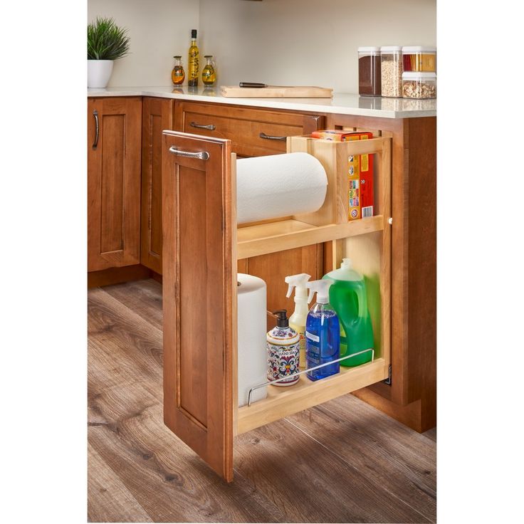 an open cabinet in the middle of a kitchen with cleaning products and other items inside