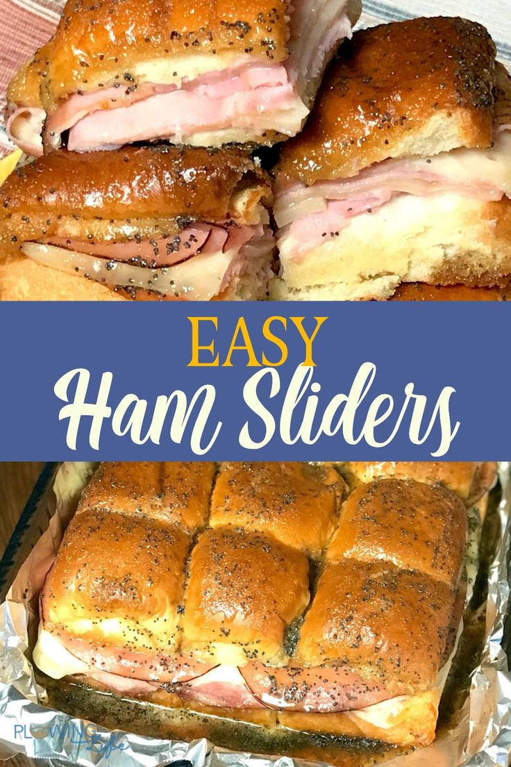 ham sliders are stacked on top of each other in tin foil with the words easy ham sliders above them