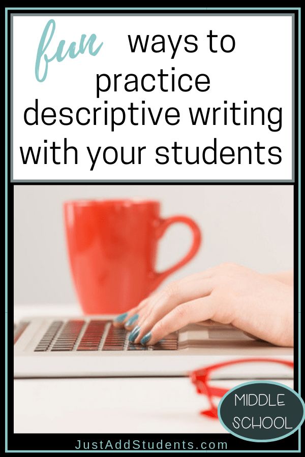 a woman typing on her laptop with the words fun ways to practice descriptive writing with your students