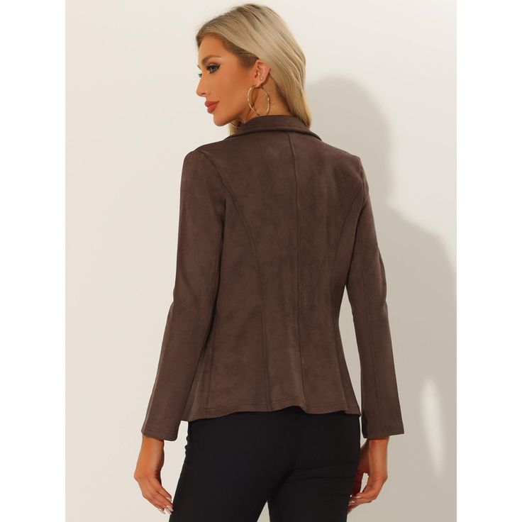 Modern and elegant, this blazer is styled with faux suede fabric. This chic blazer designed with a lapel collar and long sleeves, adds a touch of elegance to your wardrobe. Paired with long pants for a vintage and fashionable look. Suitable for autumn/winter and many occasions, such as casual, office, work, business, meeting, dating, and weekend gatherings. Elegant Collared Fall Blazer, Elegant Brown Collared Blazer, Fall Formal Collared Blazer, Elegant Suede Outerwear With Lapel Collar, Elegant Single Breasted Suede Outerwear, Long Sleeve Suede Blazer For Fall, Elegant Long Sleeve Suede Blazer, Brown Collared Blazer For Office, Elegant Suede Blazer With Long Sleeves