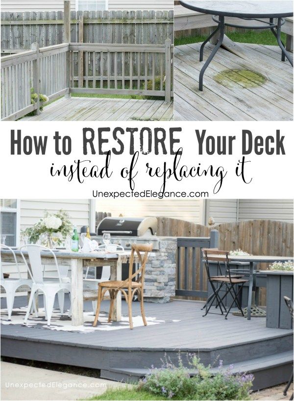 an outdoor deck with chairs, table and grill in the background text overlay reads how to restore your deck instead of replacing it