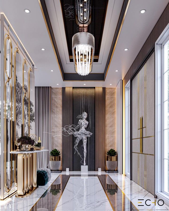 the interior of a luxury hotel lobby with marble floors and gold accents, chandeliers and art work on the walls