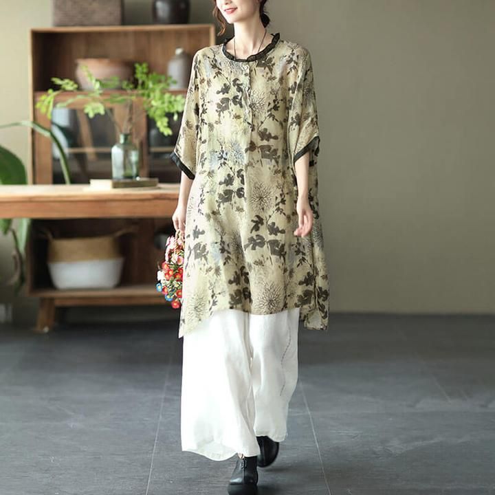 Item Code: 6590274142270 Material: Ramie  Collar: O-neck  Highlight: Button,Print,Irregular Hem  Season: Spring,Autumn,Summer Washing Recommendations: At 30 or 40 degrees, machine wash, lay flat to dry.Iron it while it is still damp. Model Looks, Irregular Hem, Autumn Dress, Linen Maxi Dress, Plus Size Sweaters, Loose Shirts, Loose Sweater, Vintage Women, Floral Vintage