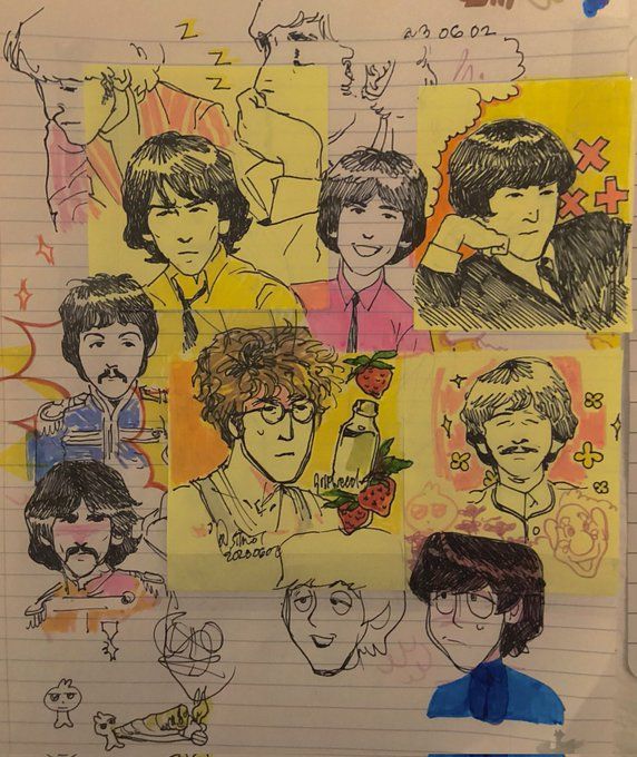 a piece of paper that has some drawings on it with the faces of people in different colors