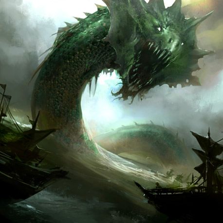 a dragon is in the middle of a sea with other boats and ships around it