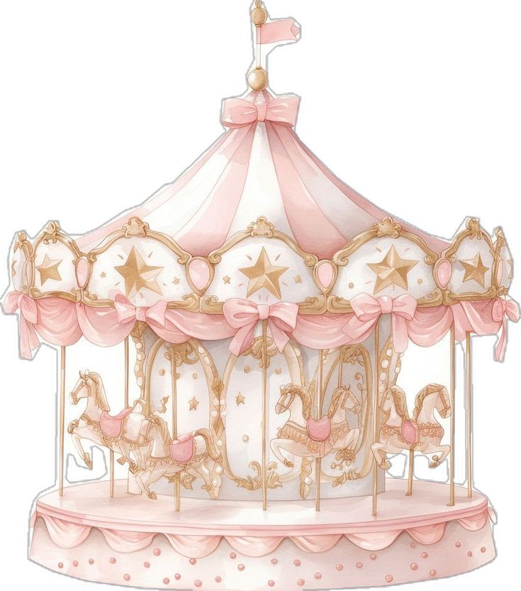 a pink and white carousel with stars on it's top, in front of a white background