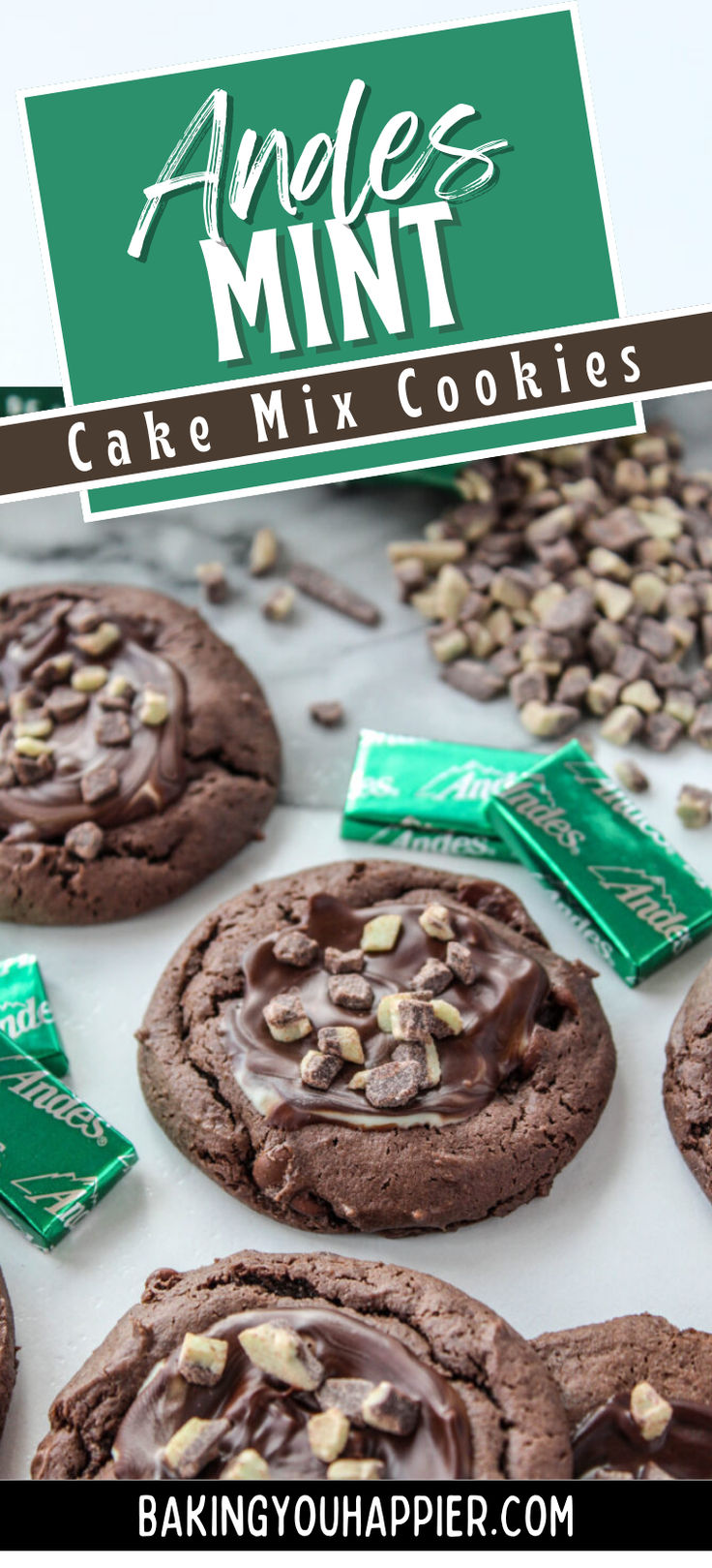 cookies with chocolate frosting and mints are on a baking sheet, next to an ad for the baker's mint cake mix cookies